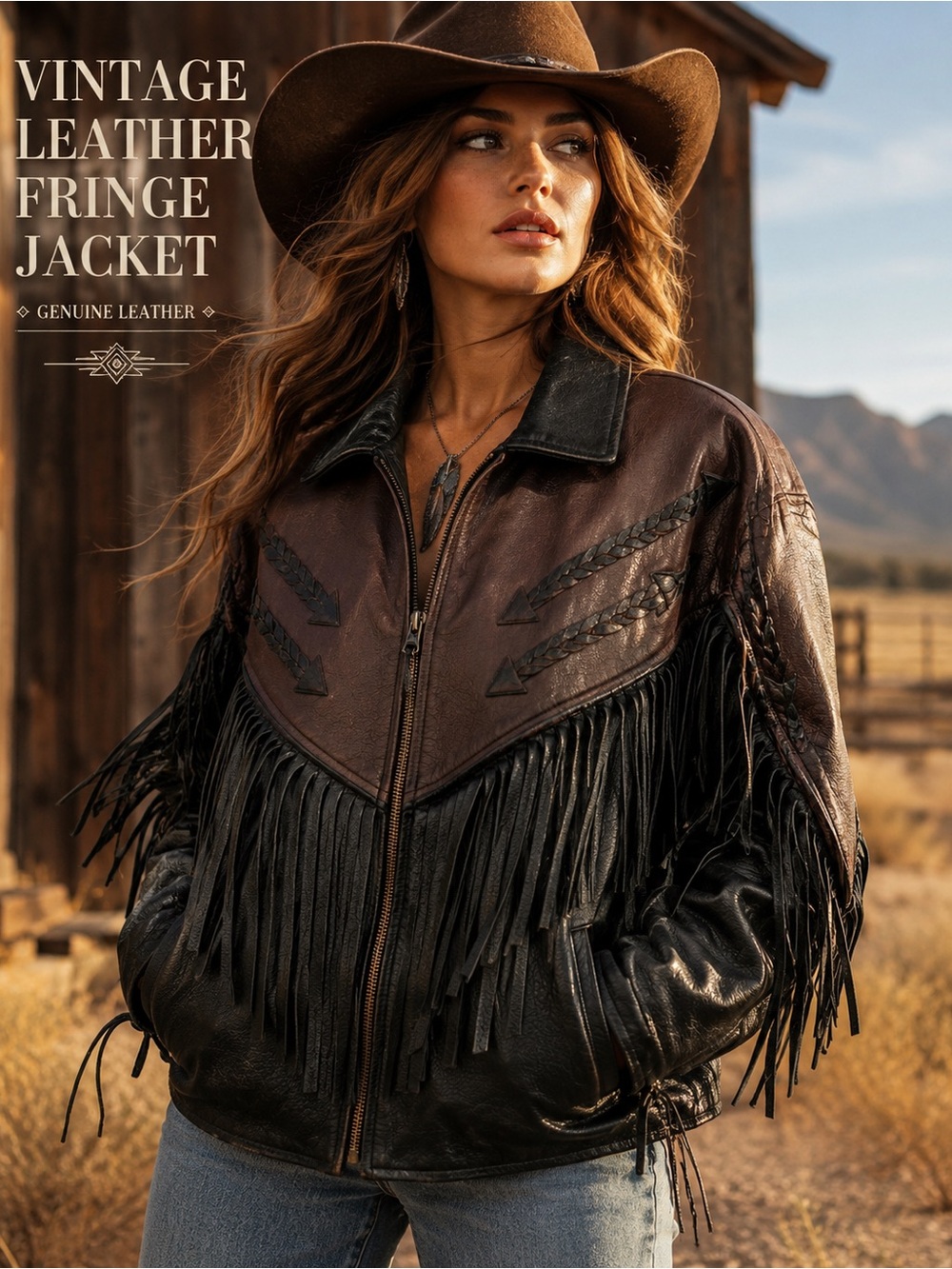 Vintage Leather Fringe Jacket Brown Black Whipstitched Western Cowboy Core Large